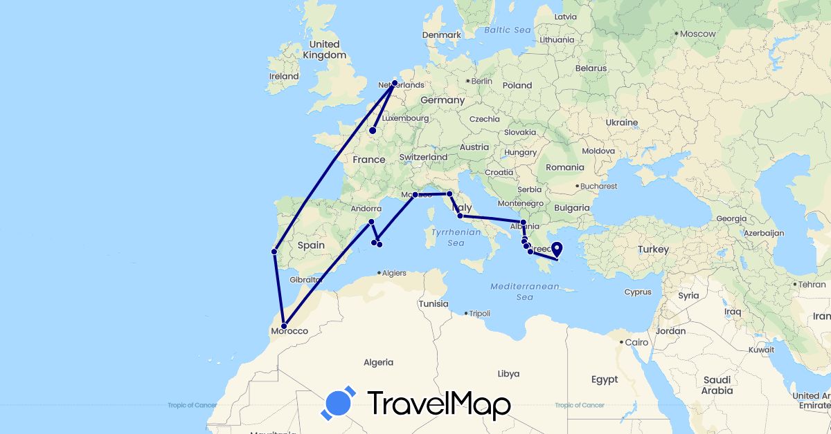 TravelMap itinerary: driving in Albania, Spain, France, Greece, Italy, Morocco, Netherlands, Portugal (Africa, Europe)